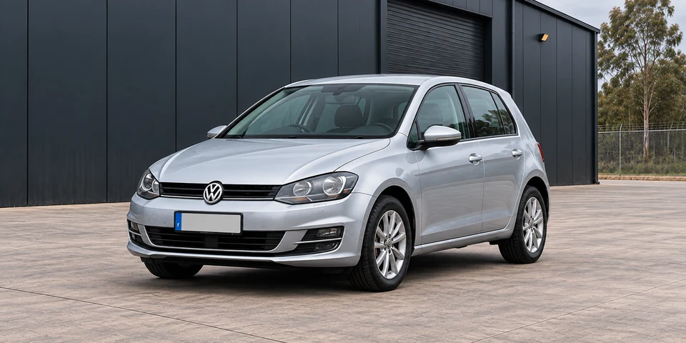 Silver Volkswagen hatchback parked alone outside a workshop