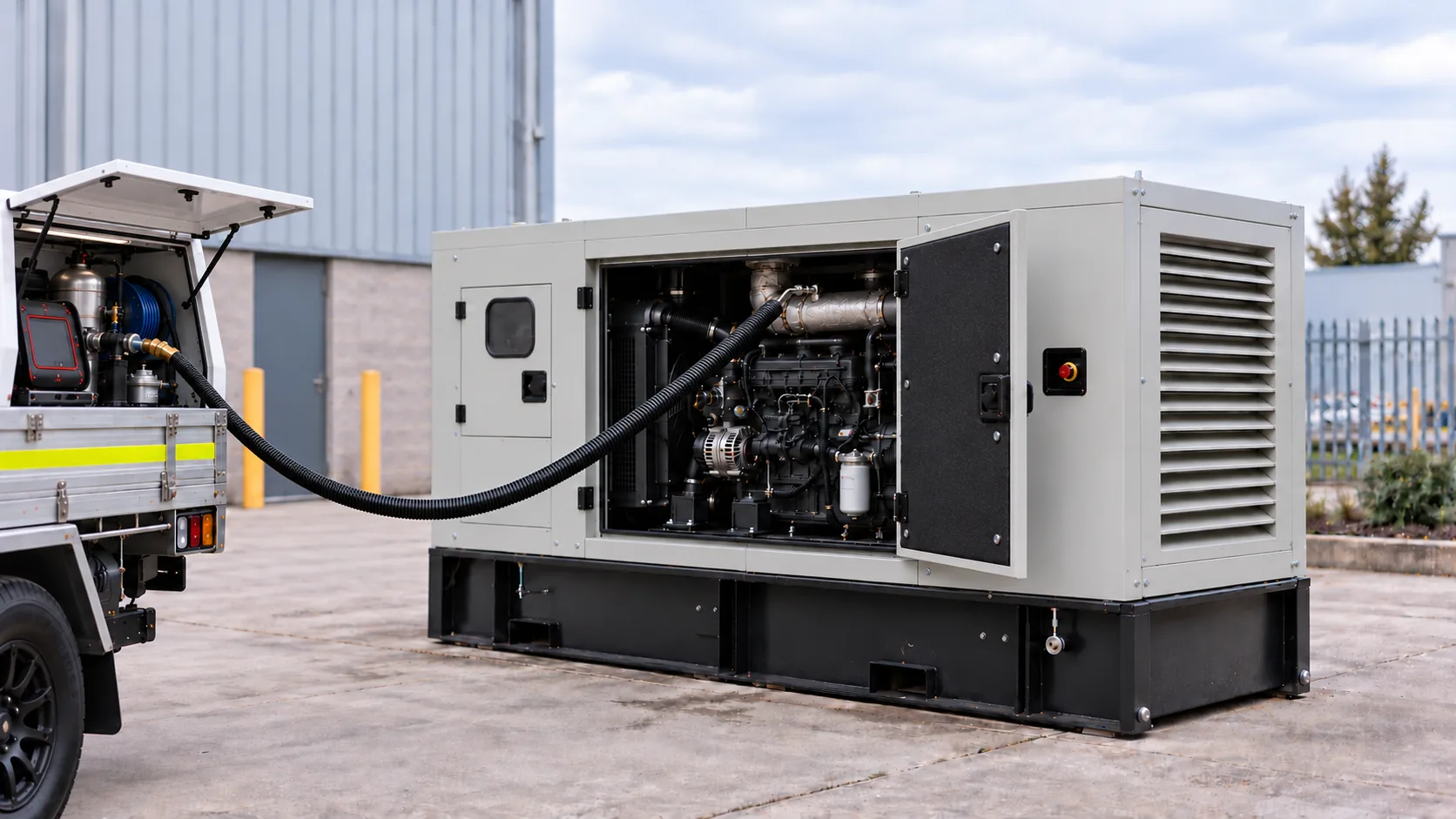 Work ute with an exhaust testing hose connected inside an open diesel generator service panel