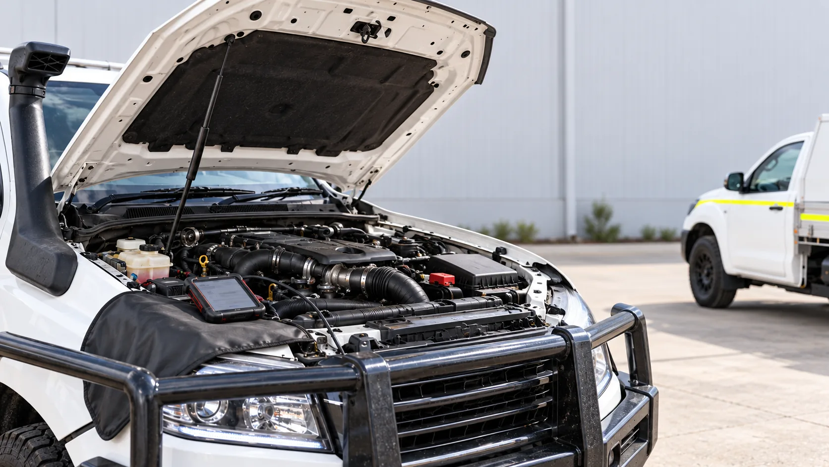 Open diesel engine bay with diagnostic equipment and a mobile service ute nearby