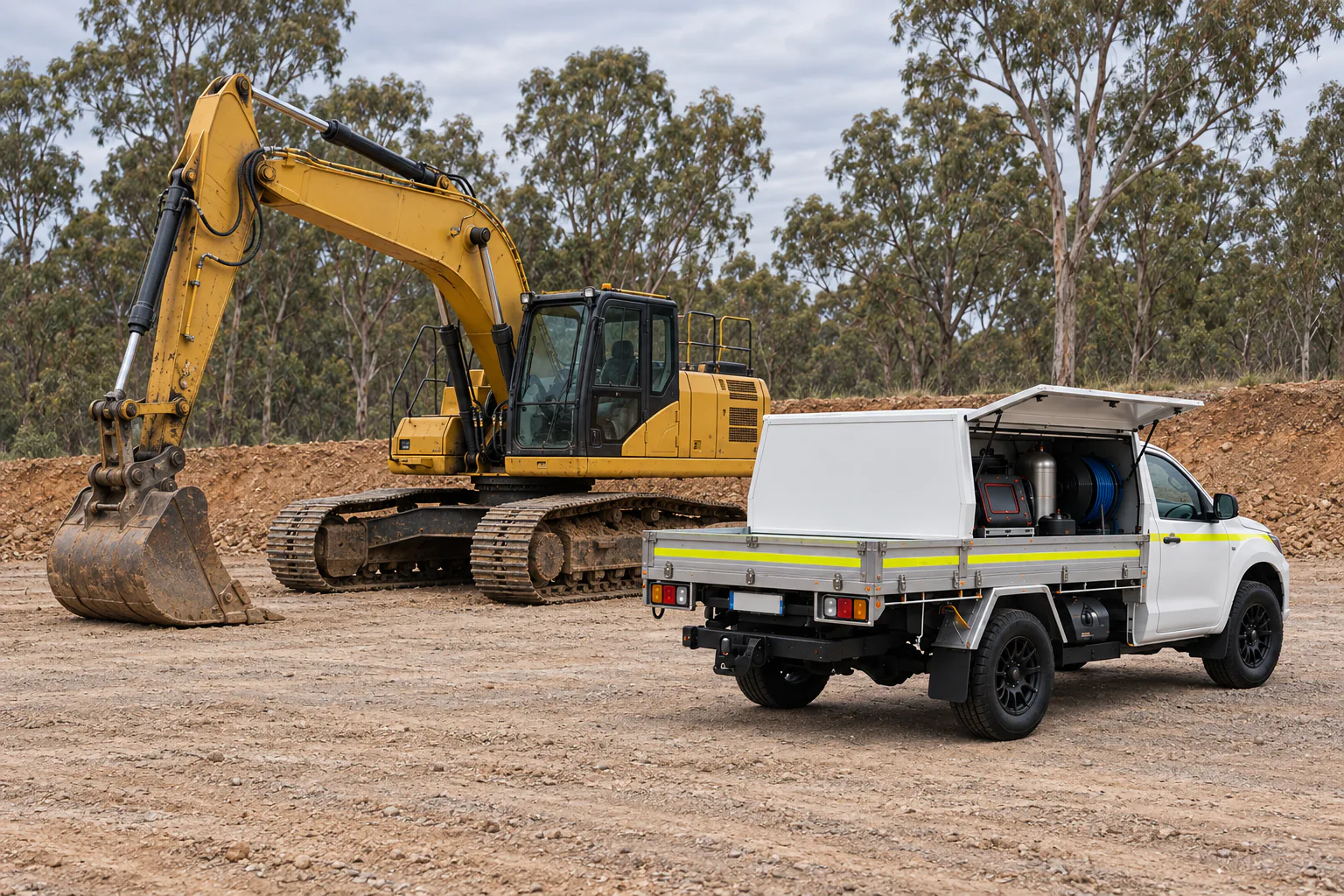 White Triton service ute with an open side canopy beside a yellow tracked excavator