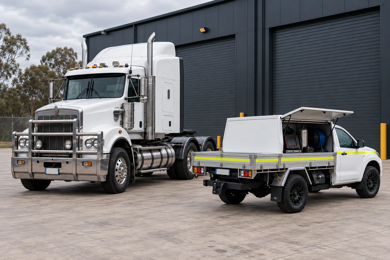 White Triton service ute with an open side canopy beside a heavy truck at a depot